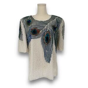 1980s VTG Laurence Kazar New York Silk Peacock Feather Beaded Blouse Top *ASIS